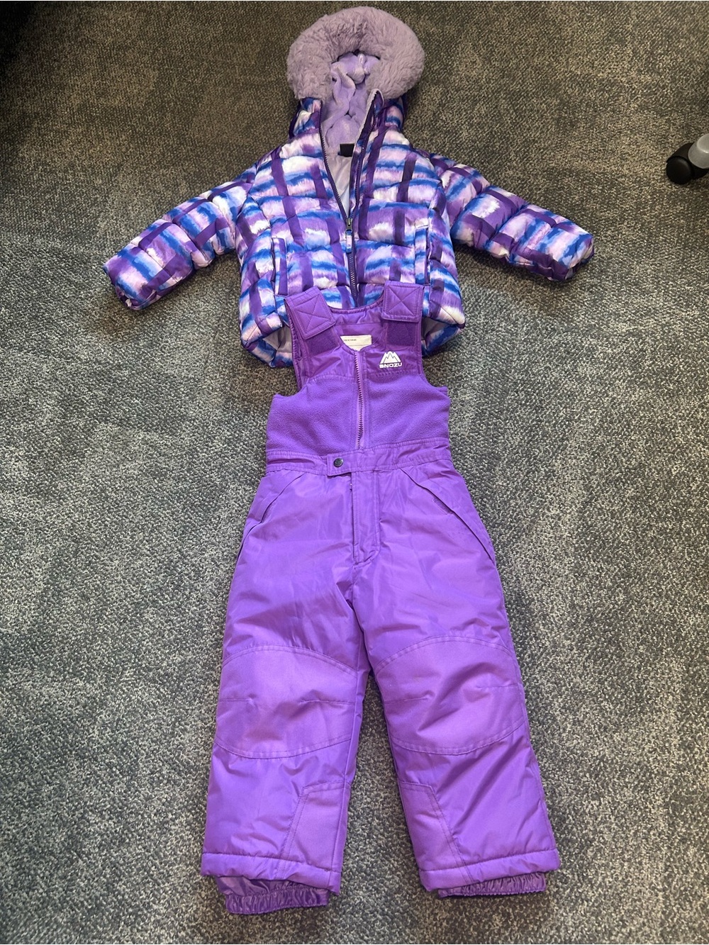 Snozu Purple Kids Snow Bibs with Patterned Purple Jacket